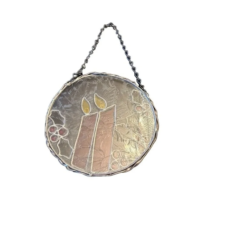 Stained‎ Glass Christmas Candle Suncatcher With Holly & Chain - Handmade Holiday